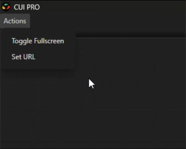 A screenshot of the CUI PRO actions dropdown with the Toggle Fullscreen and Set Url Feature.