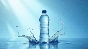 Unabhängiger Mineralwassertest repräsentiert durch eine Mineralwasserflasche mit Wasser außenherum.