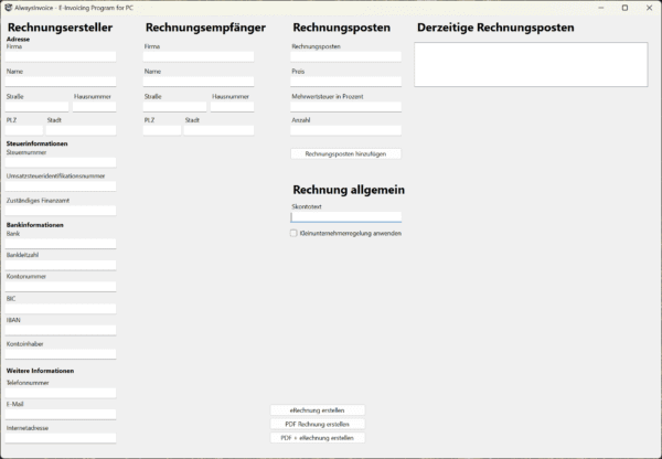 Screenshot des lokalen eRechnungsprogramms ImmerRechnung, bei dem man nur einmal zahlen muss.