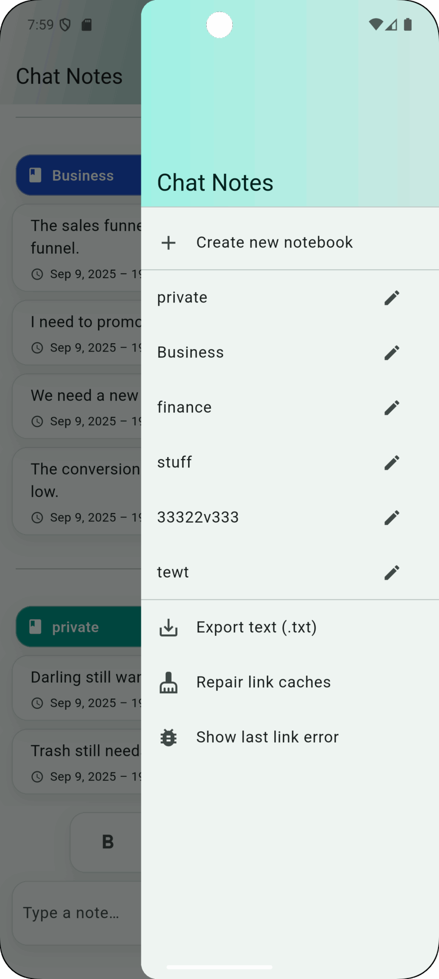 ChatNotes_Android_Main_Drawer The main screen of the note-taking app with the drawer open : "ChatNotes".