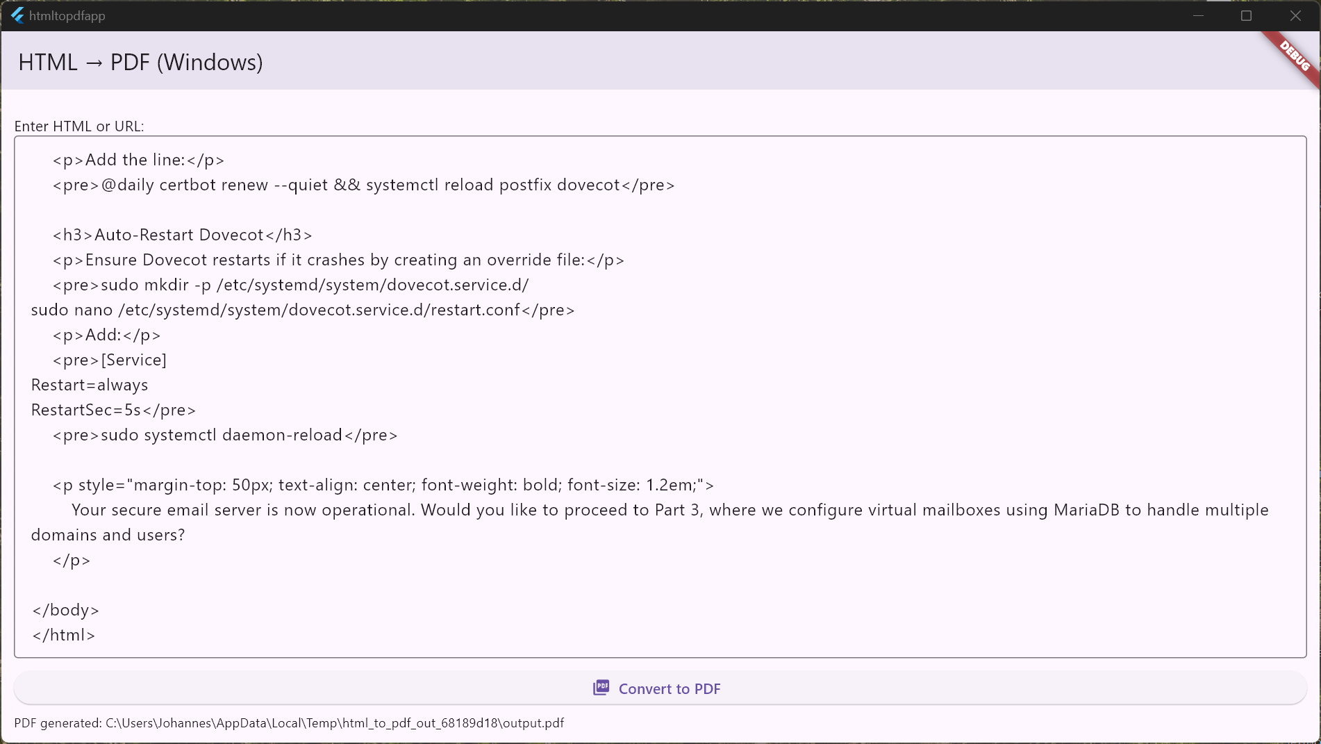 A screenshot of the HTML to pdf program